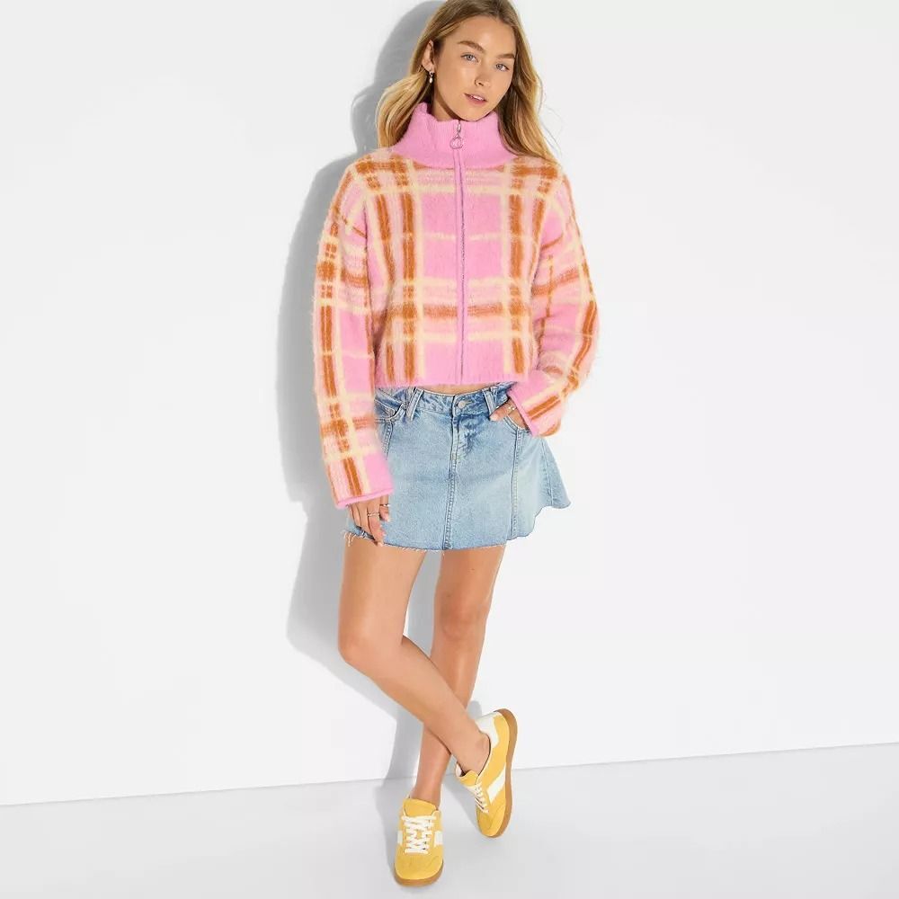 Women's Full Zip Mock Turtleneck Cardigan - Wild Fable Pink Plaid L